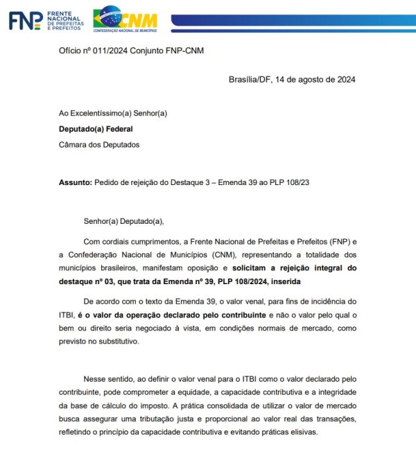 Frente Nacional de Prefeitas e Prefeitos e CNM pedem rejeição de emenda que altera cálculo do ITBI